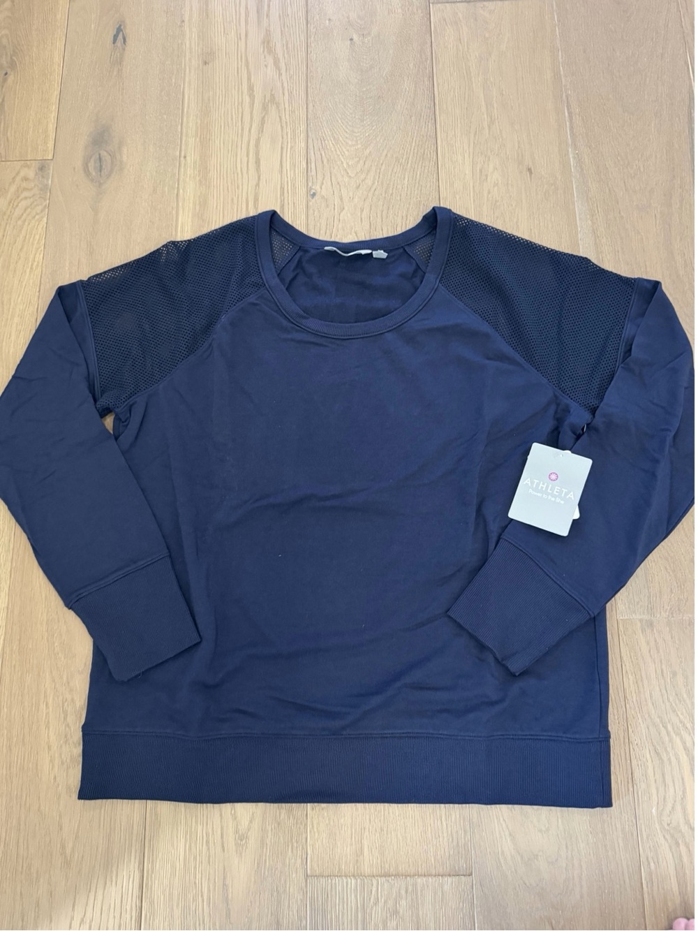 Athleta Navy Crewneck with Textured Shoulder Panels